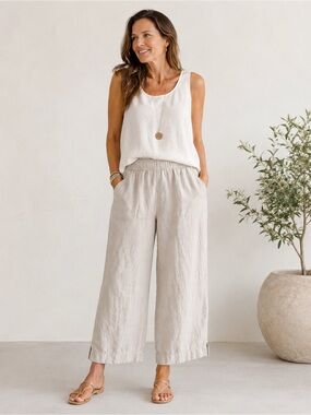 Tahari 100% Linen Wide Leg Crop Pants Beige Size L